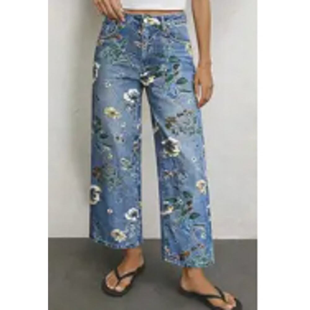 NWT Flemingals Allover Floral Pattern Straight Leg High Rise Crop Jeans Sz XLp - Picture 3 of 4